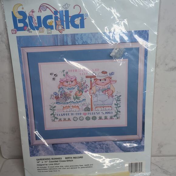 Vintage Bucilla country bunnies birth record crosstitch kit 14"x 11" - Picture 4 of 7